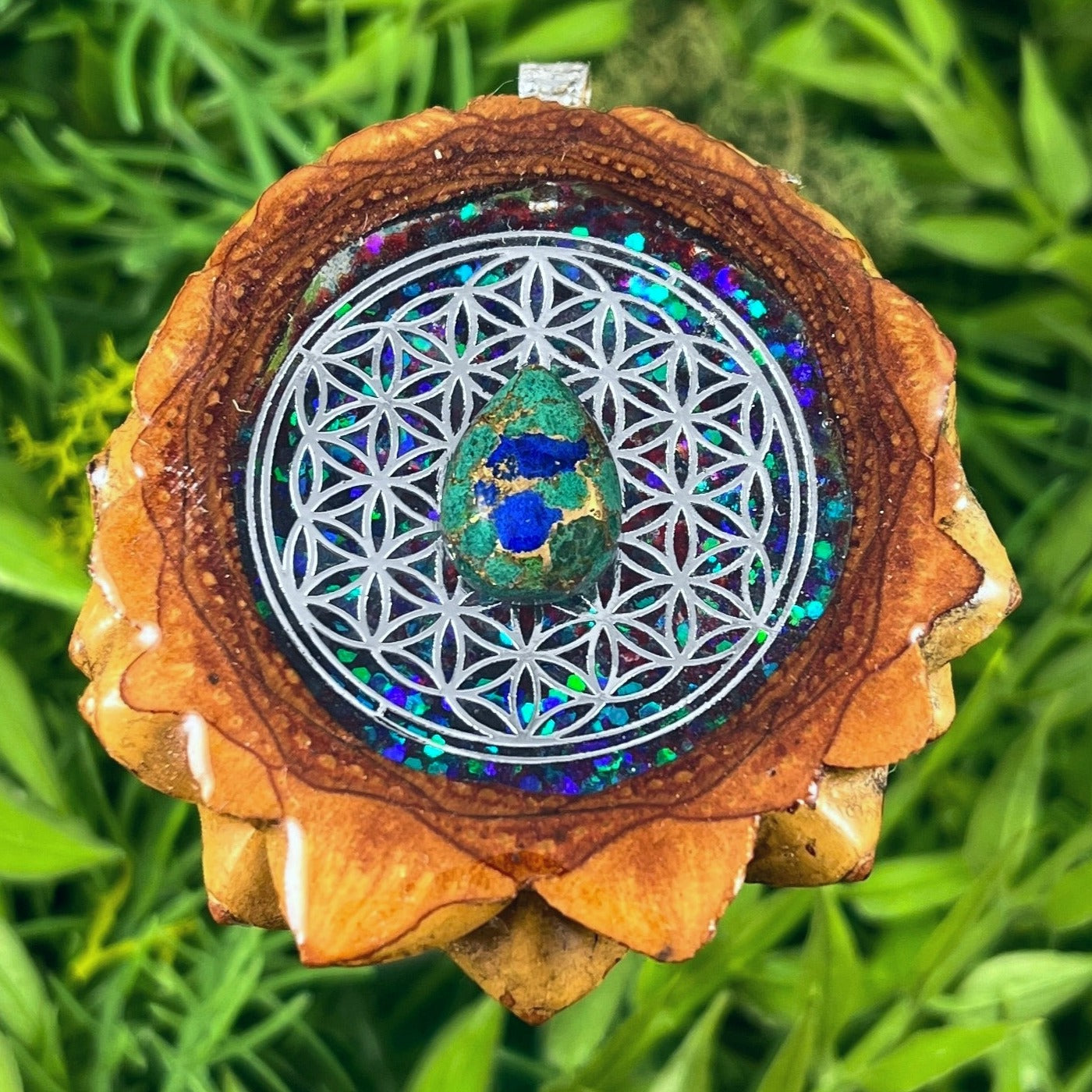 Galaxy with Azurite Malachite & Flower of Life