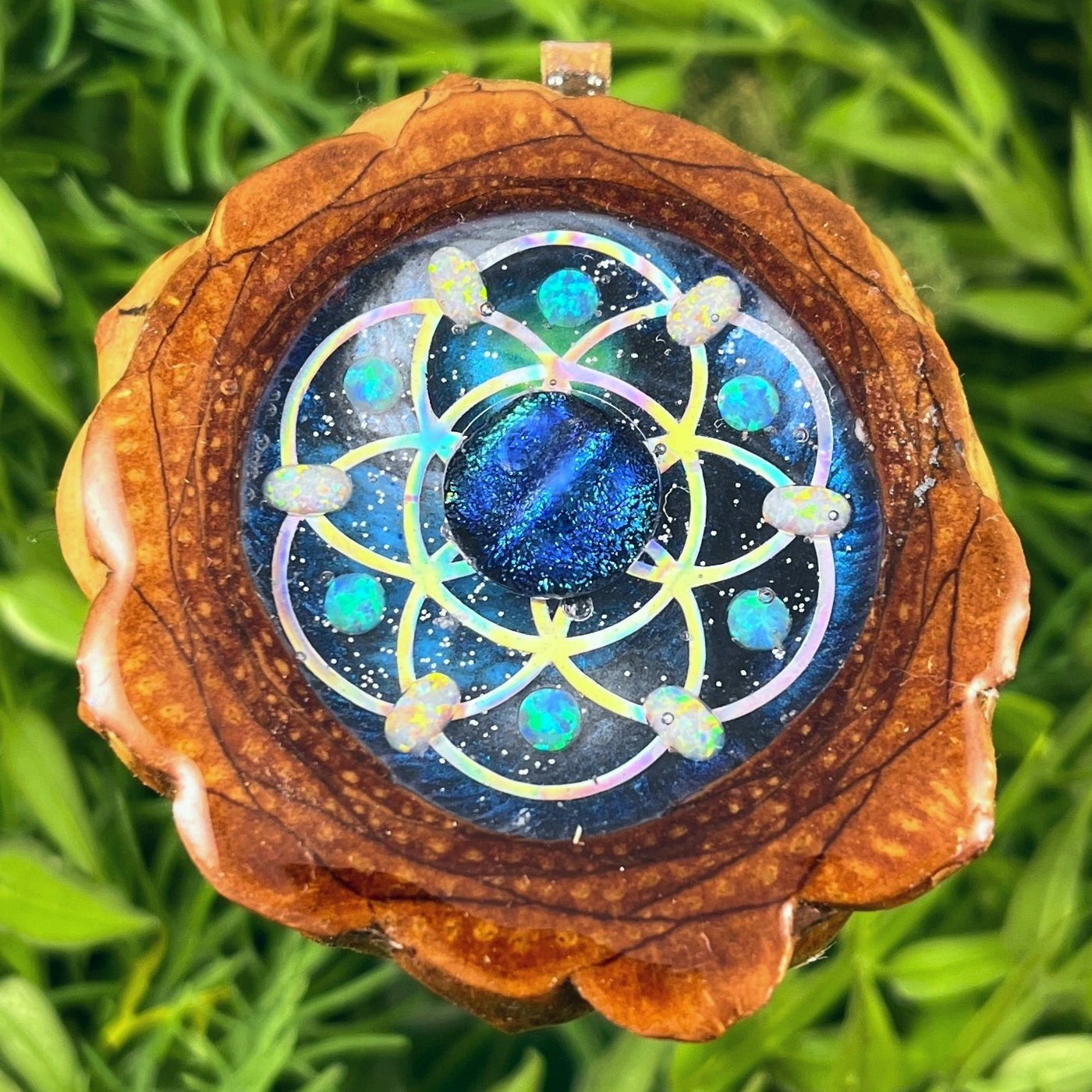 Galaxy with Dichroic Glass & Opal with Seed of Life