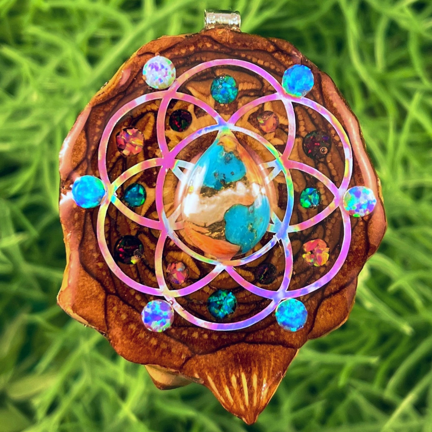 Spiny Oyster Turquoise and Opal and Crushed Opal with Seed of Life