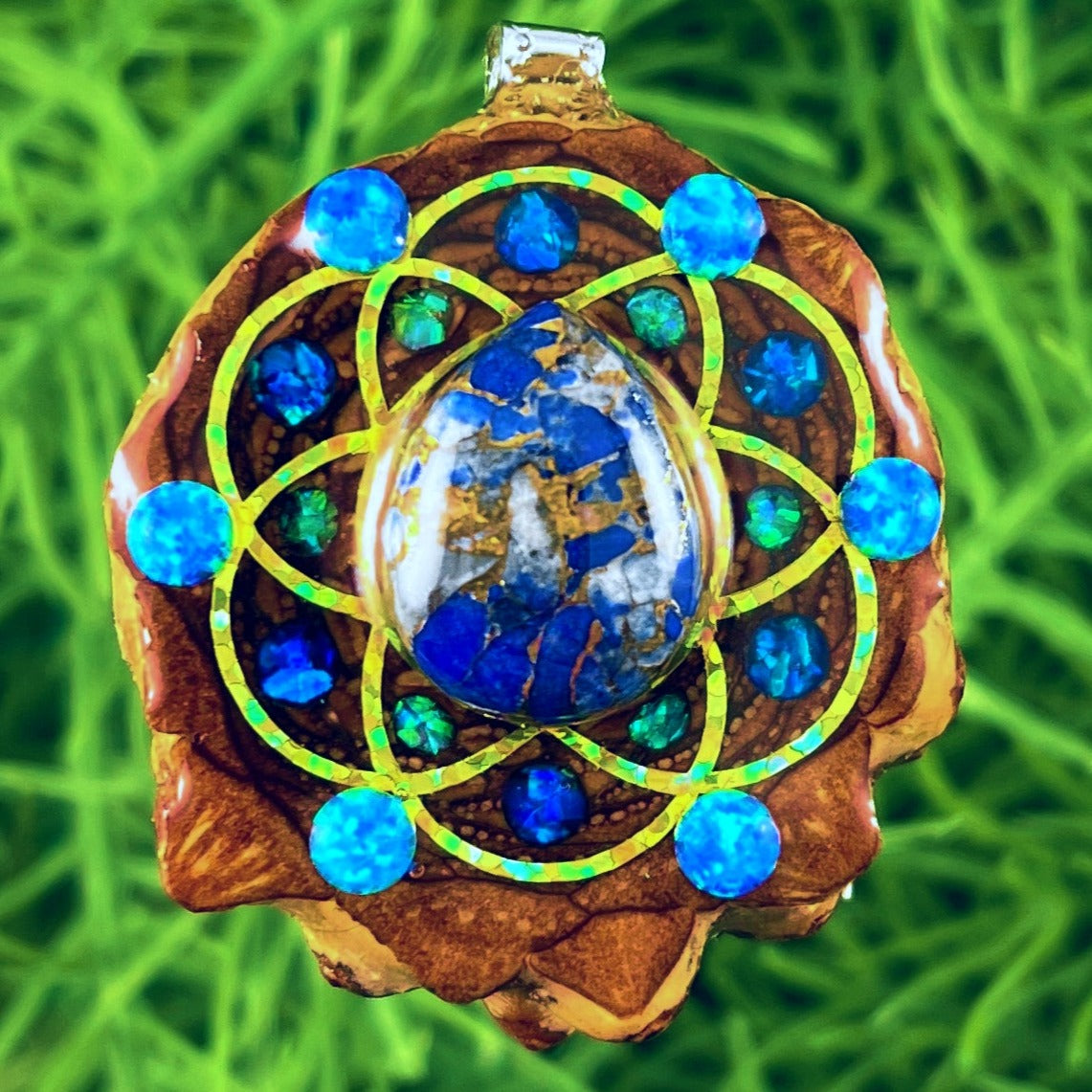 Lapis Lazuli and Opal with Crushed Opal with Seed of Life