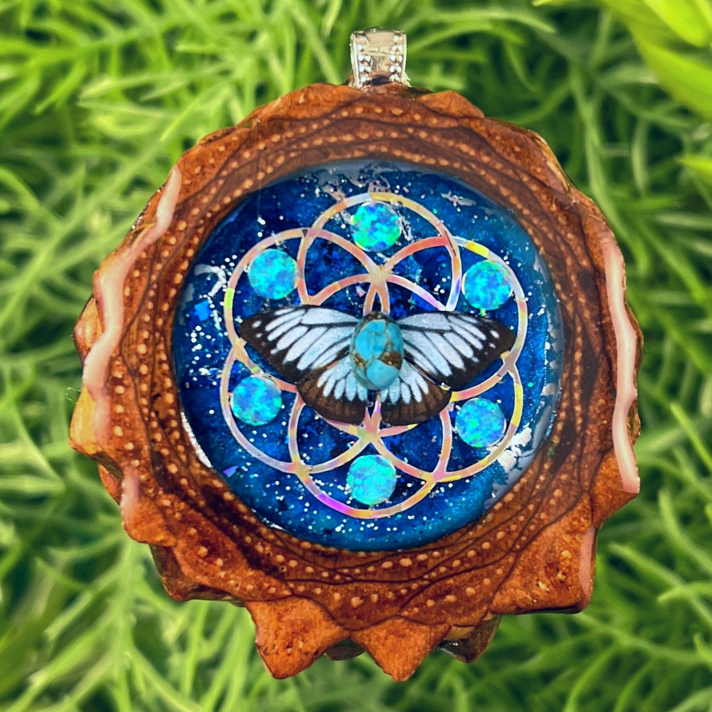 Galaxy with Blue Copper Turquoise & Opal with Butterfly & Seed of Life