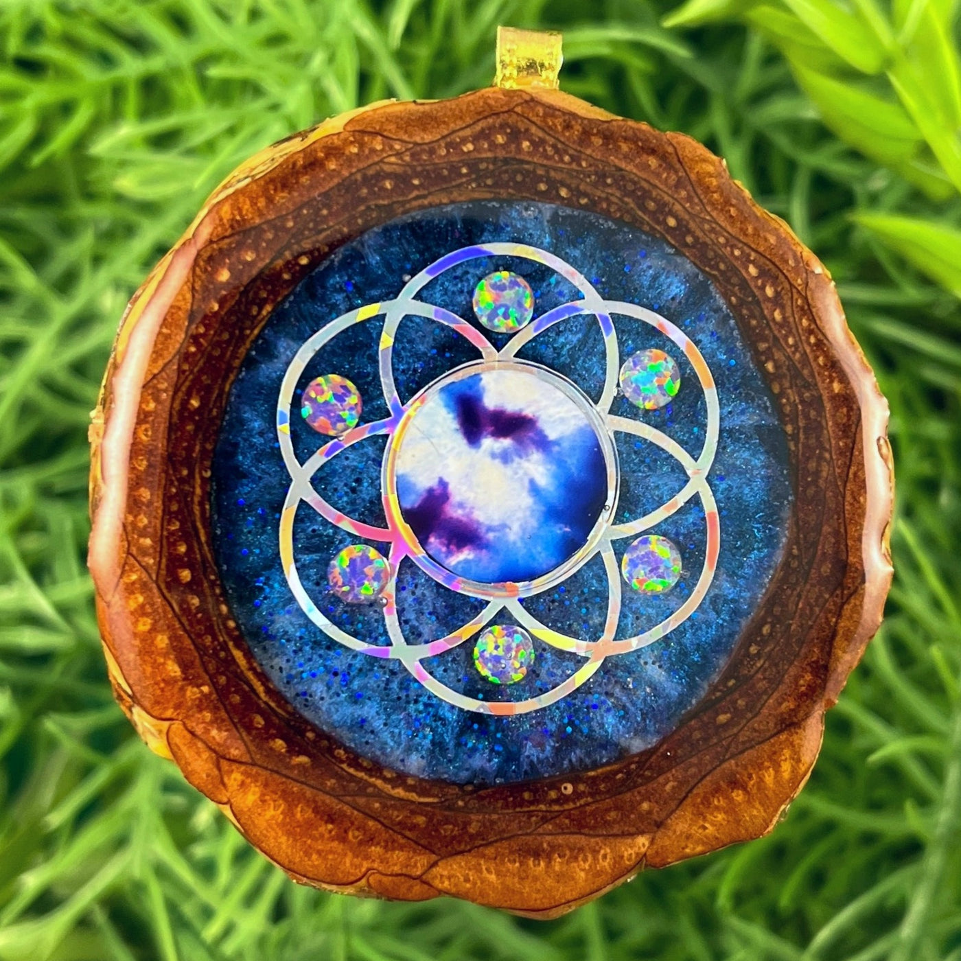 Galaxy with Dichroic Glass & Opal with Seed of Life