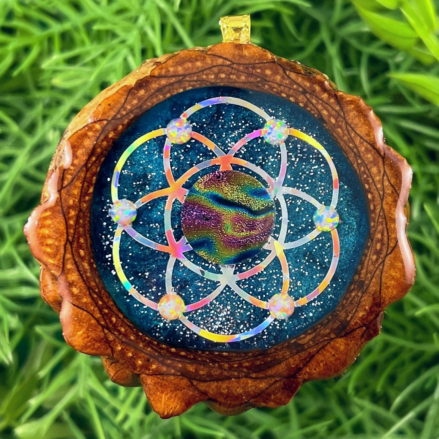 Galaxy with Dichroic Glass & Opal with Seed of Life