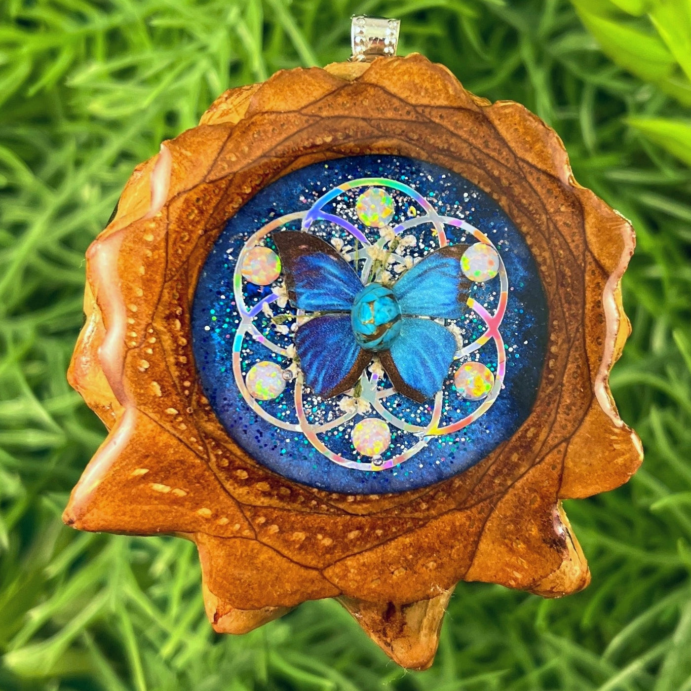 Galaxy with Blue Copper Turquoise & Opal with Butterfly & Seed of Life