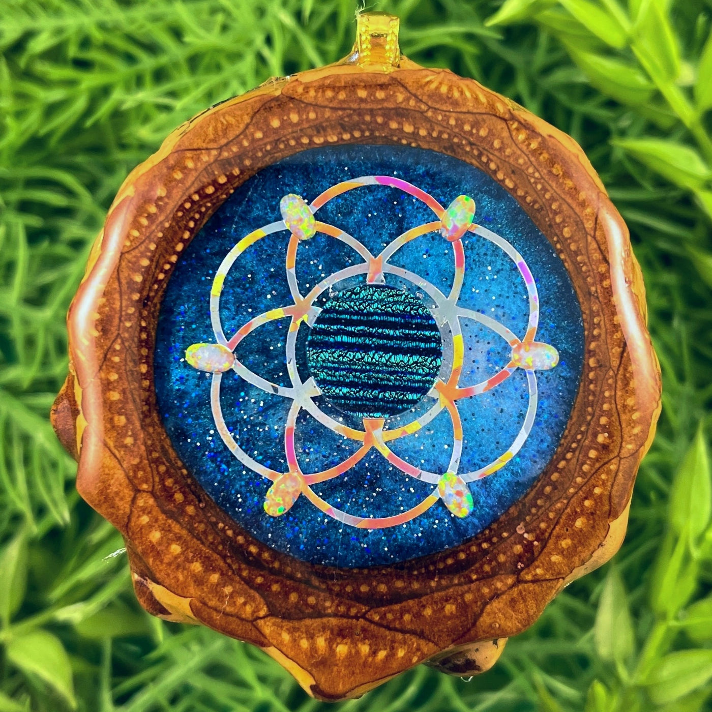 Galaxy with Dichroic Glass & Opal with Seed of Life