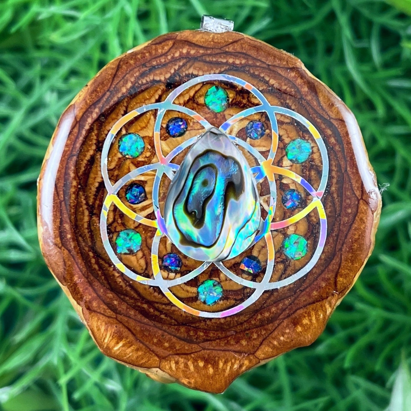 Abalone with Crushed Opal & Seed of Life