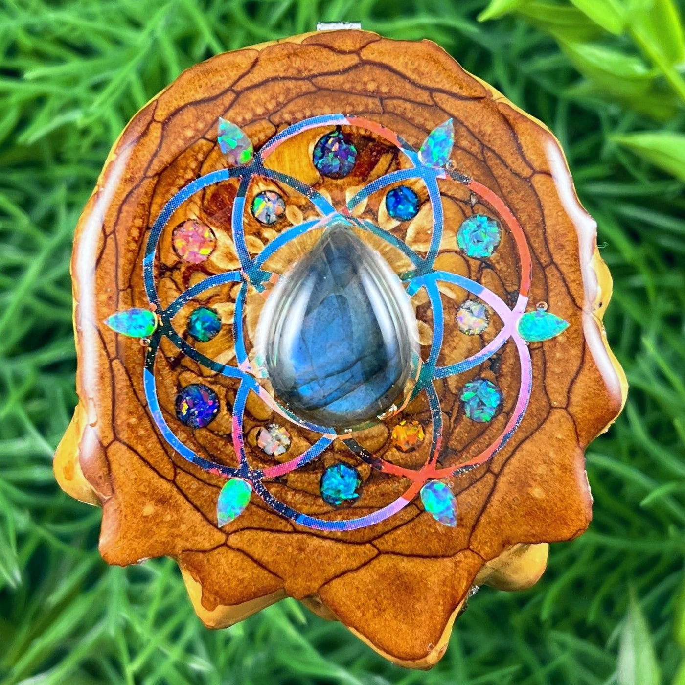 Labradorite and Opal & Crushed Opal with Seed of Life