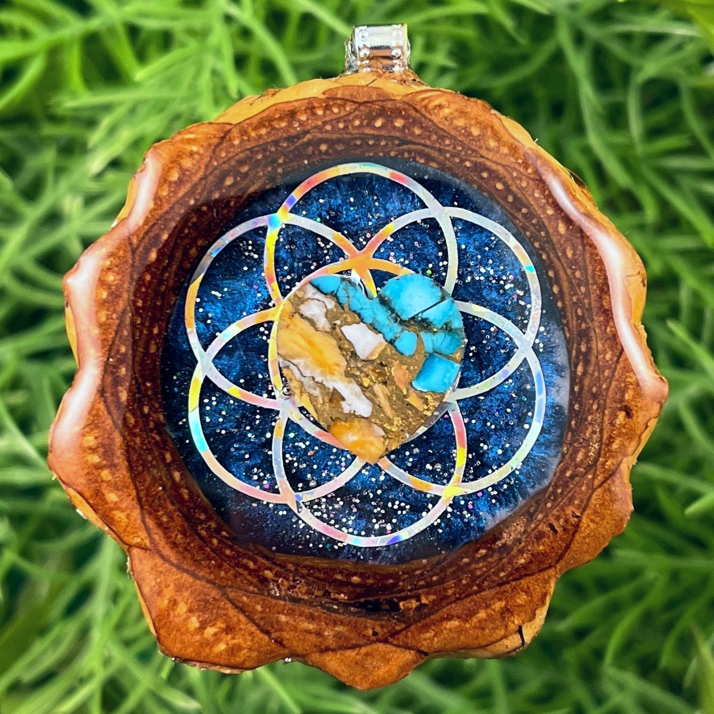 Galaxy with Spiny Oyster Turquoise Heart & Seed of Life