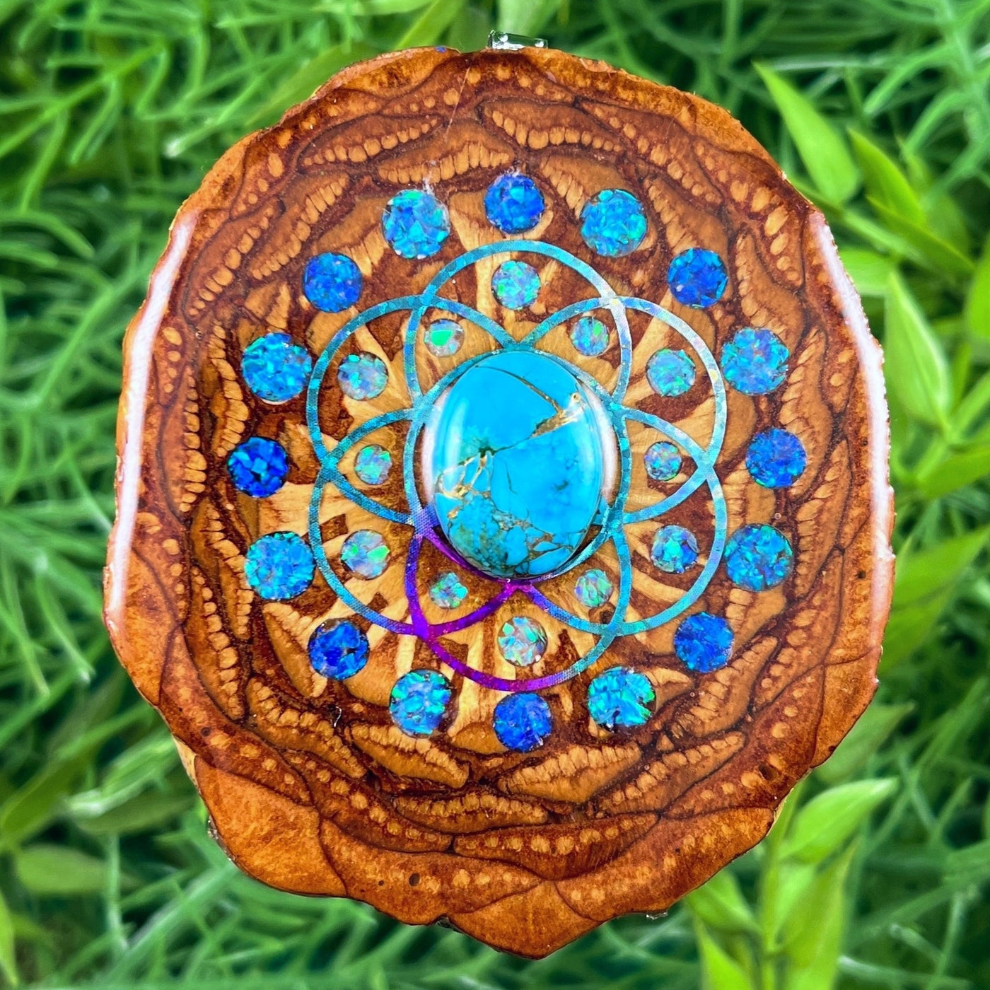 Blue Copper Turquoise with Crushed Opal with Seed of Life