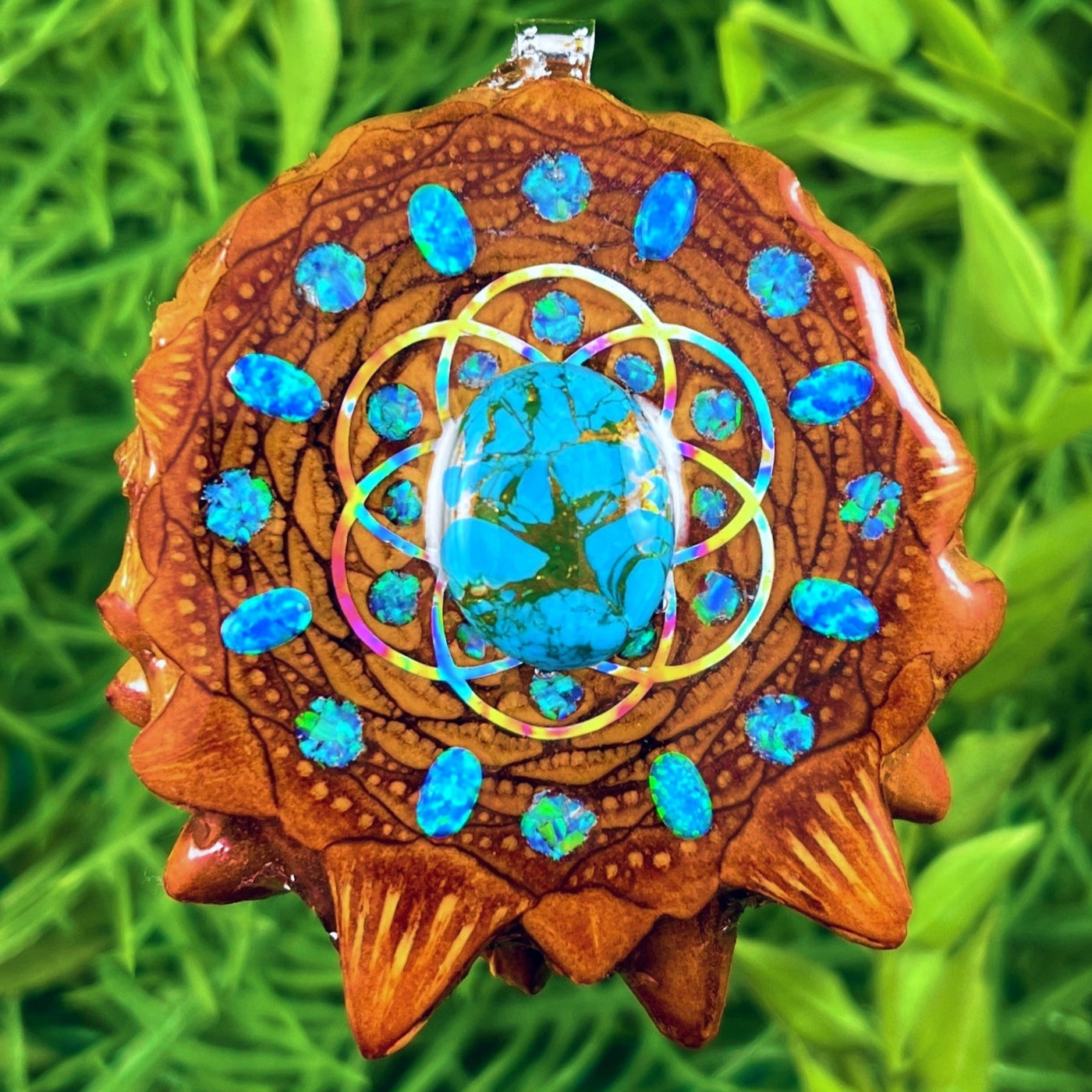Blue Copper Turquoise and Opal & Crushed Opal with Seed of Life