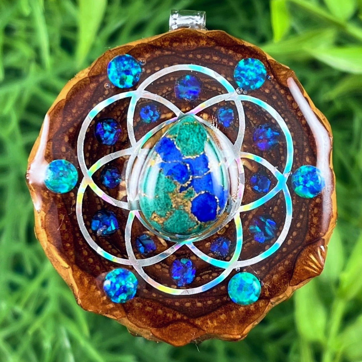 Azurite Malachite with Opal and Crushed Opal & Seed of Life