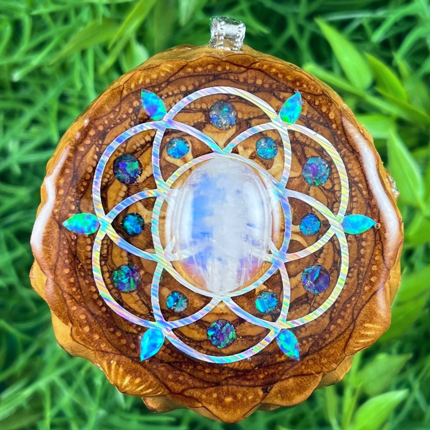 Moonstone and Opal & Crushed Opal with Seed of Life