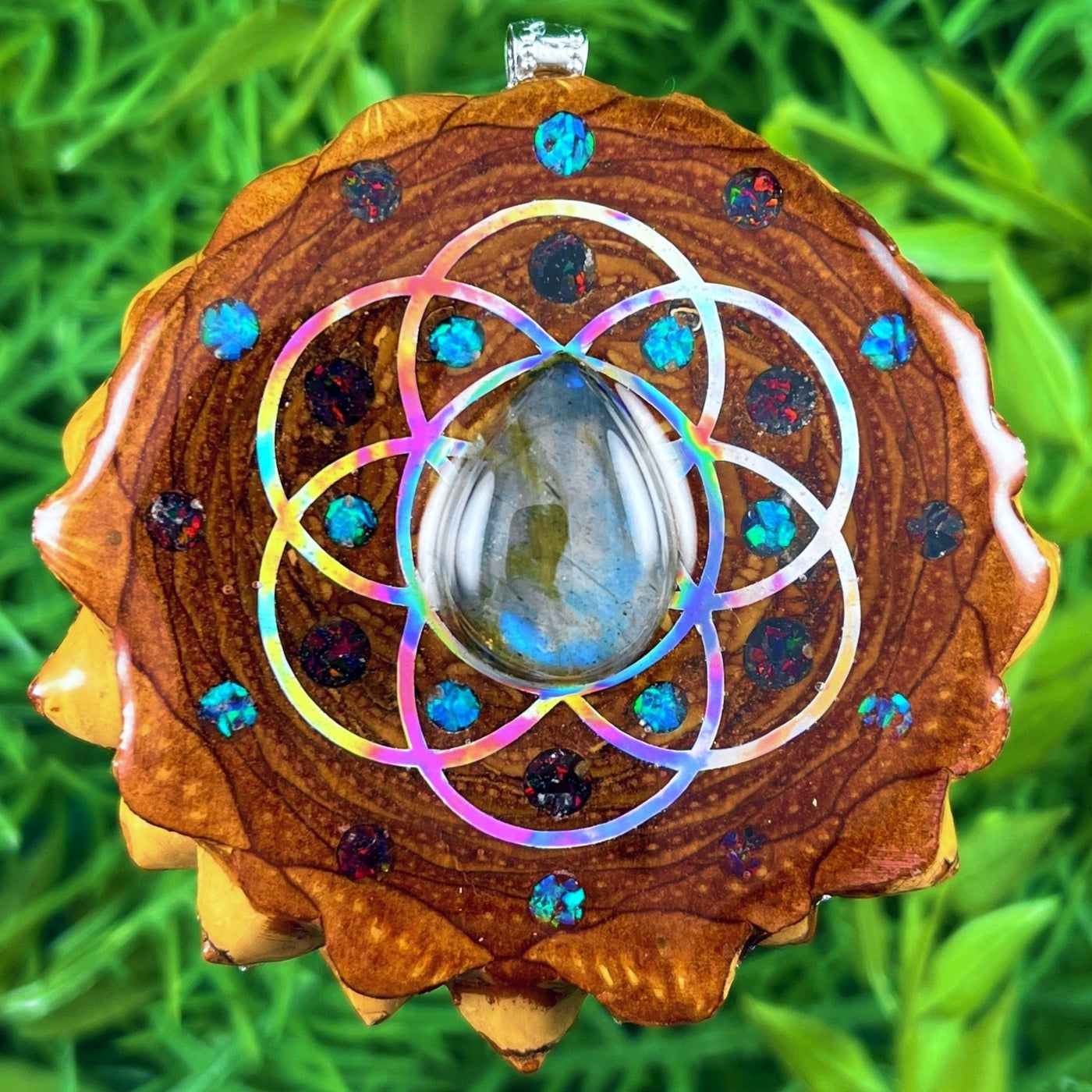 Labradorite and Opal & Crushed Opal with Seed of Life
