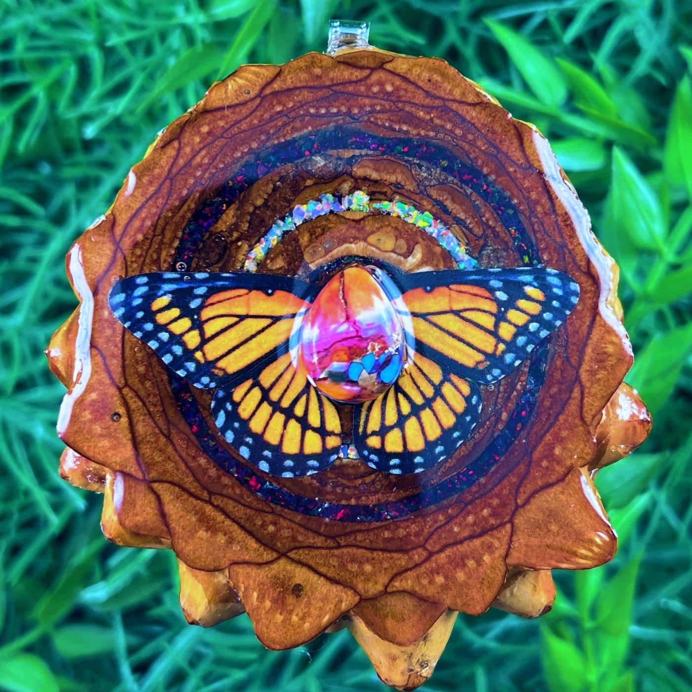 Spiny Oyster Turquoise & Crushed Opal with Butterfly & Seed of Life