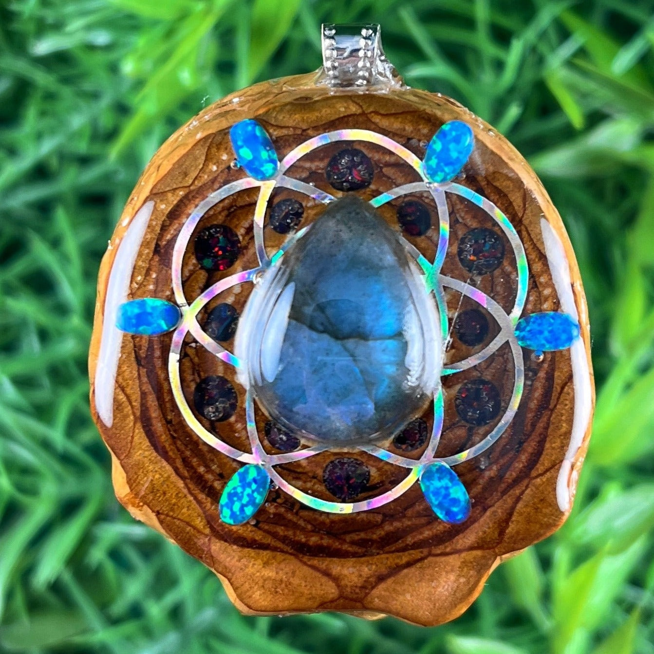 Labradorite and Opal & Crushed Opal with Seed of Life