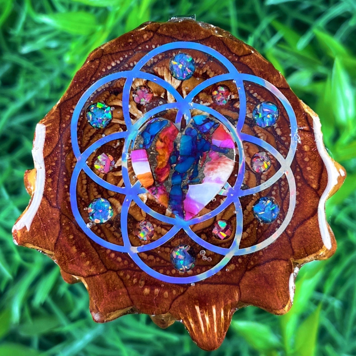 Spiny Oyster Turquoise Heart and Crushed Opal with Seed of Life