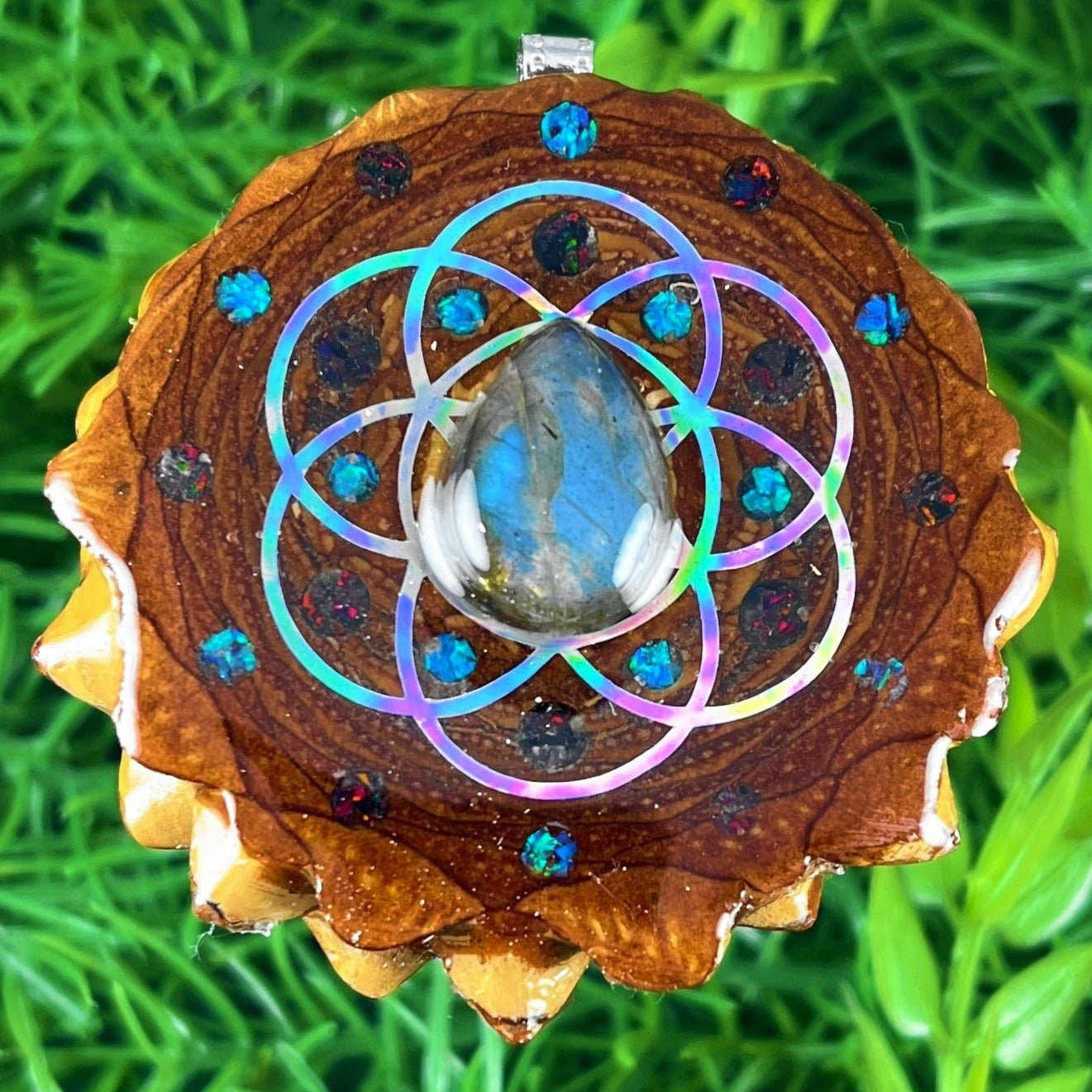 Labradorite with Crushed Opal & Seed of Life