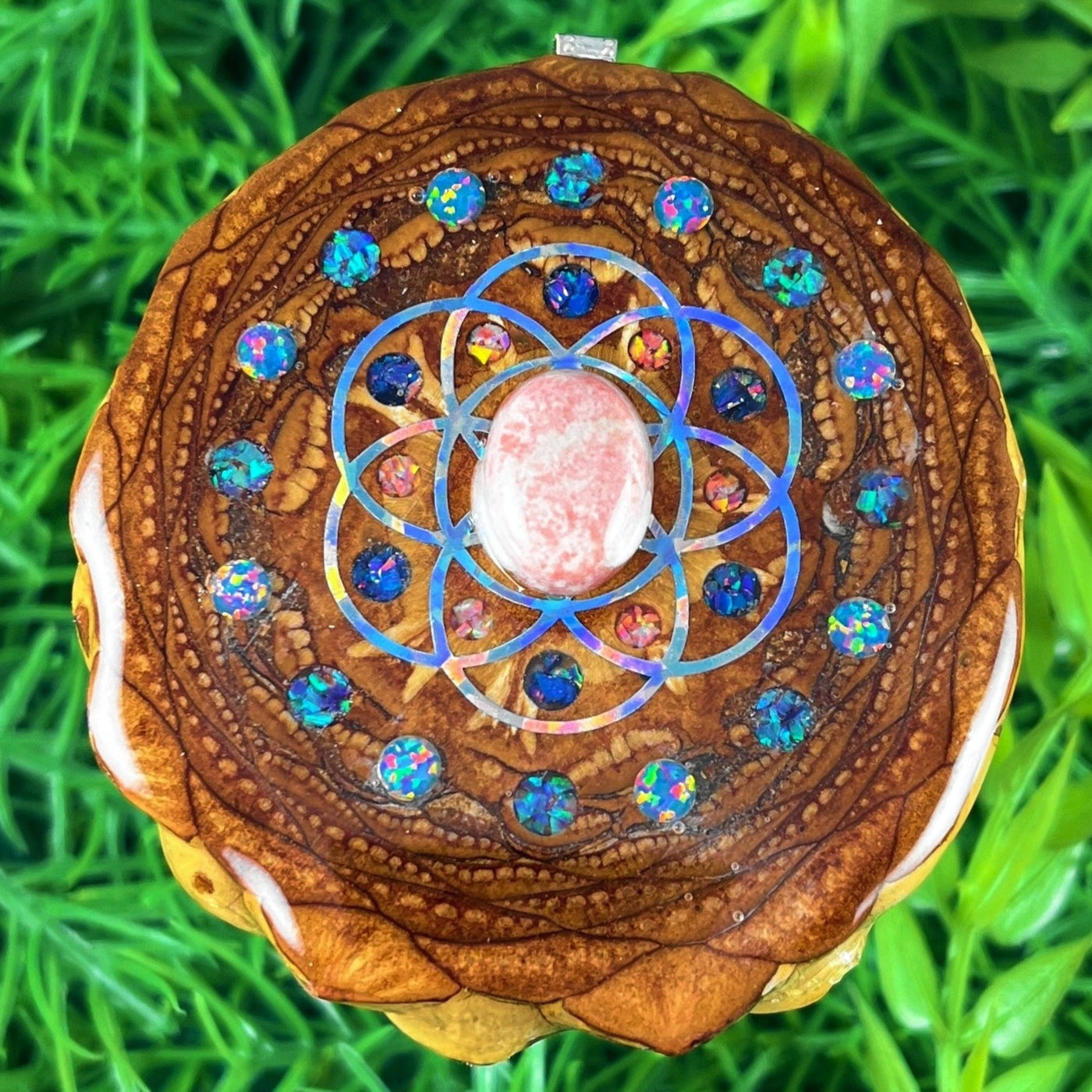 Pink Thulite & Opal with Crushed Opal & Seed of Life