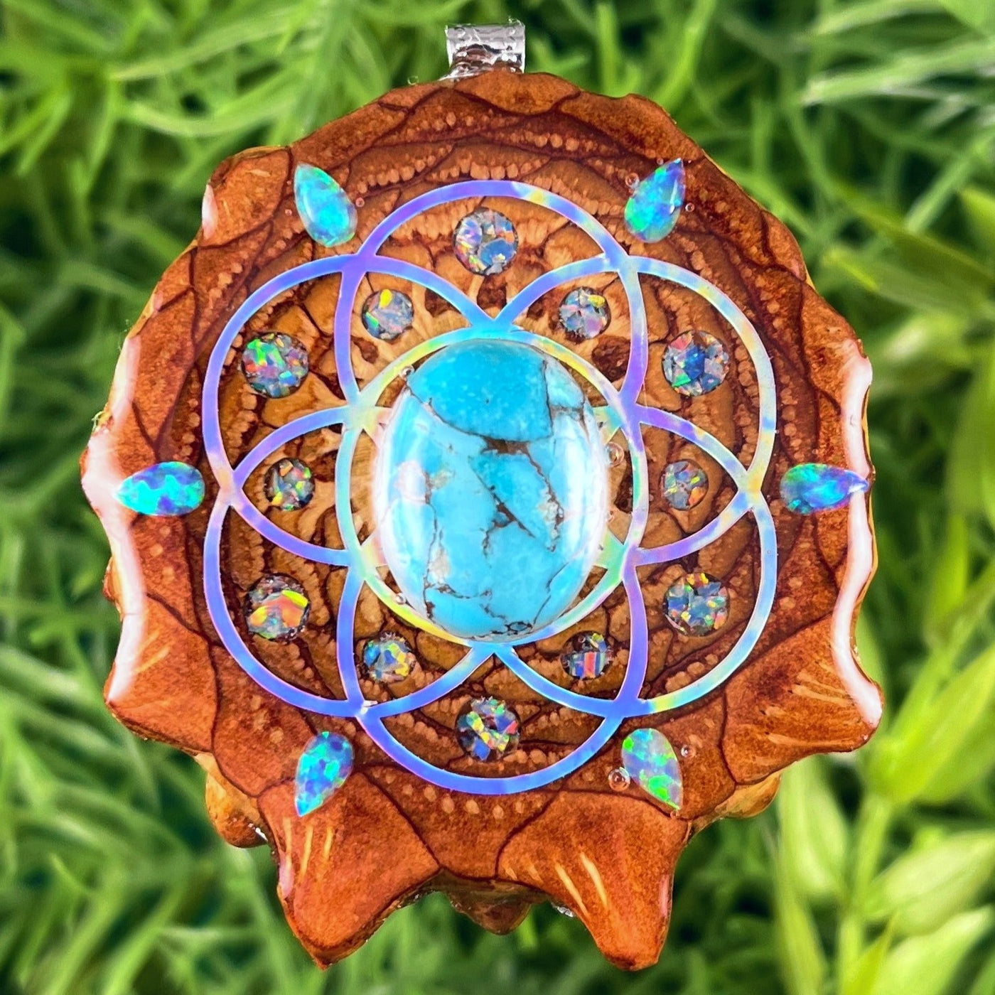 Blue Copper Turquoise and Opal & Crushed Opal with Seed of Life