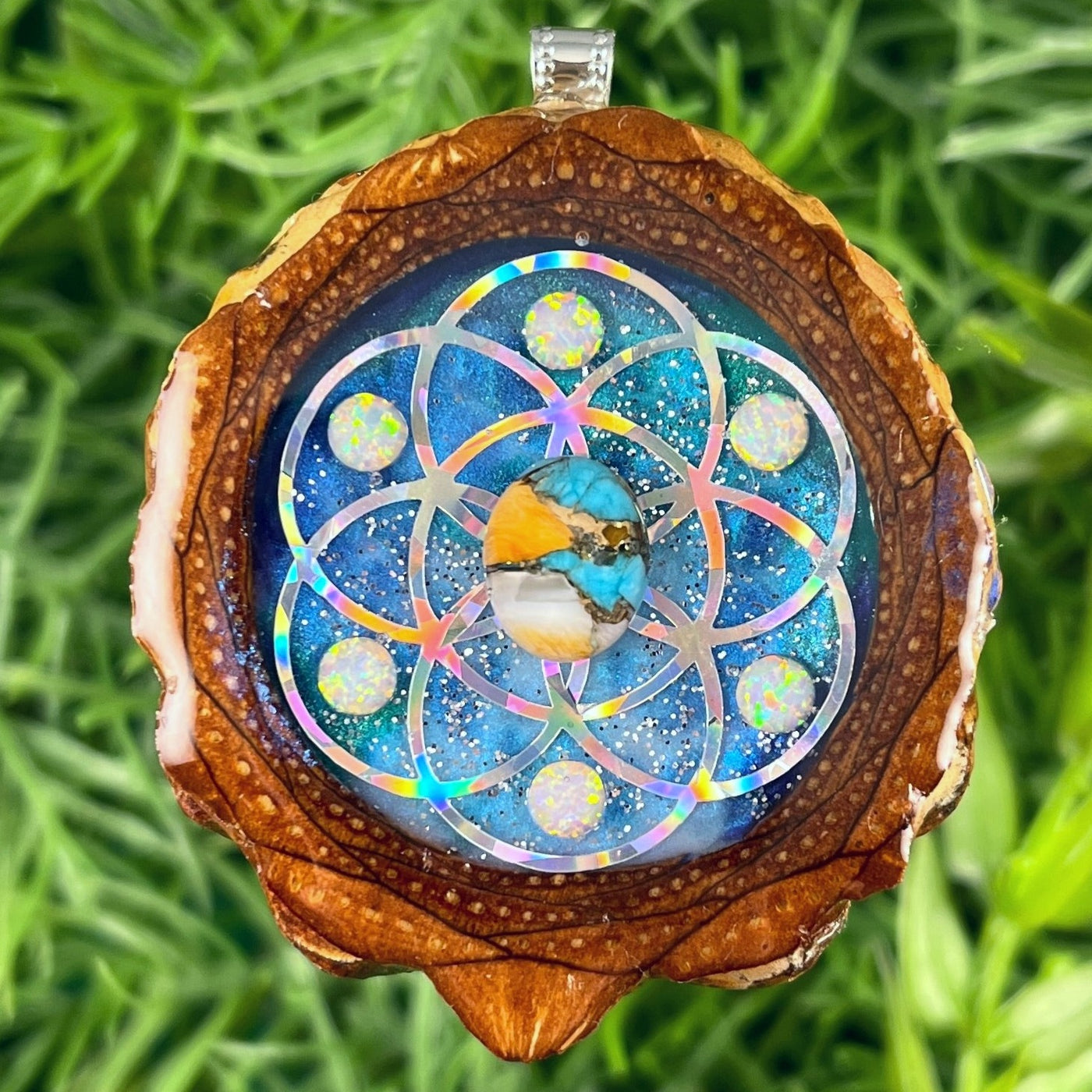 Galaxy with Spiny Oyster Turquoise & Opal with Seed of Life