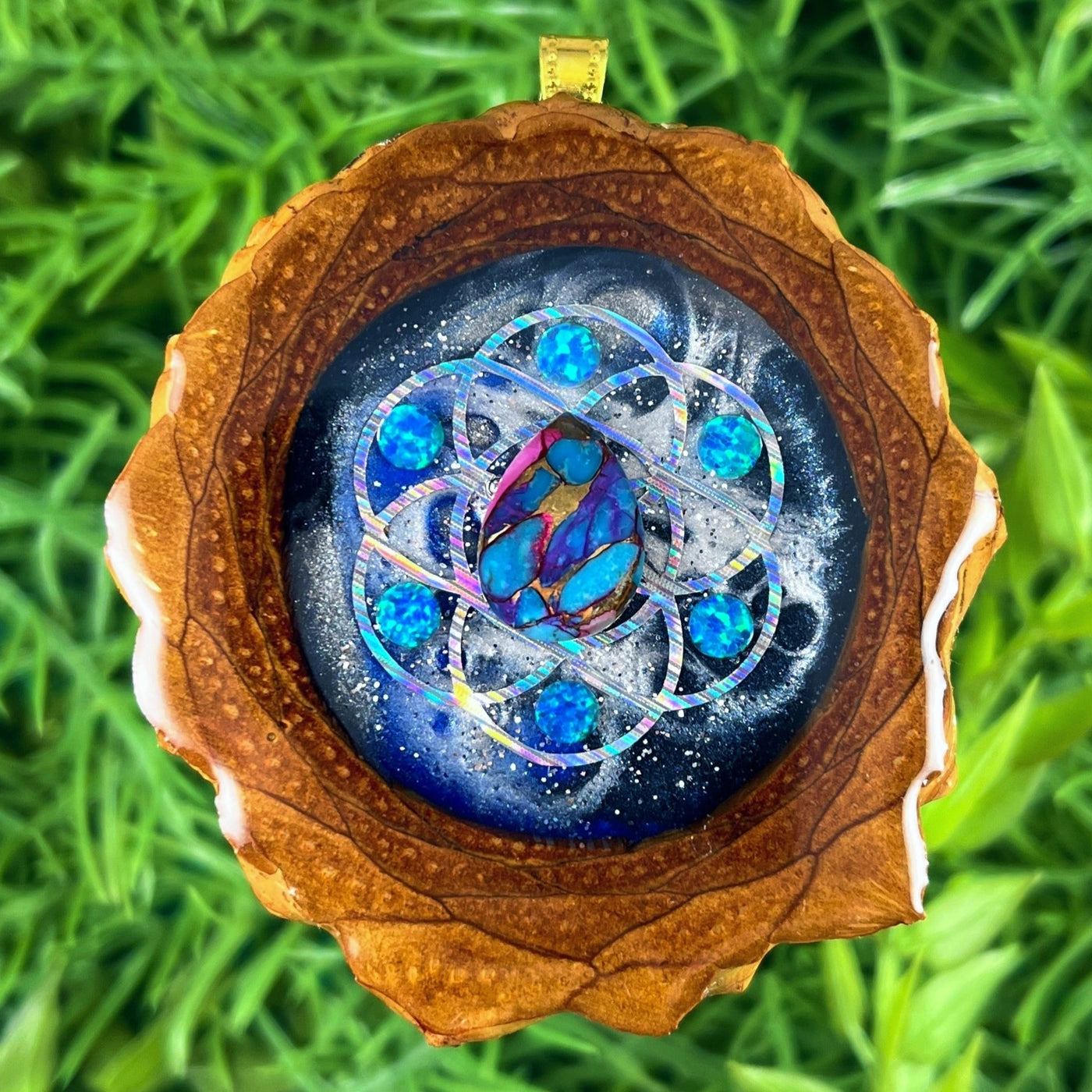 Galaxy with Spiny Oyster Turquoise & Opal with Seed of Life