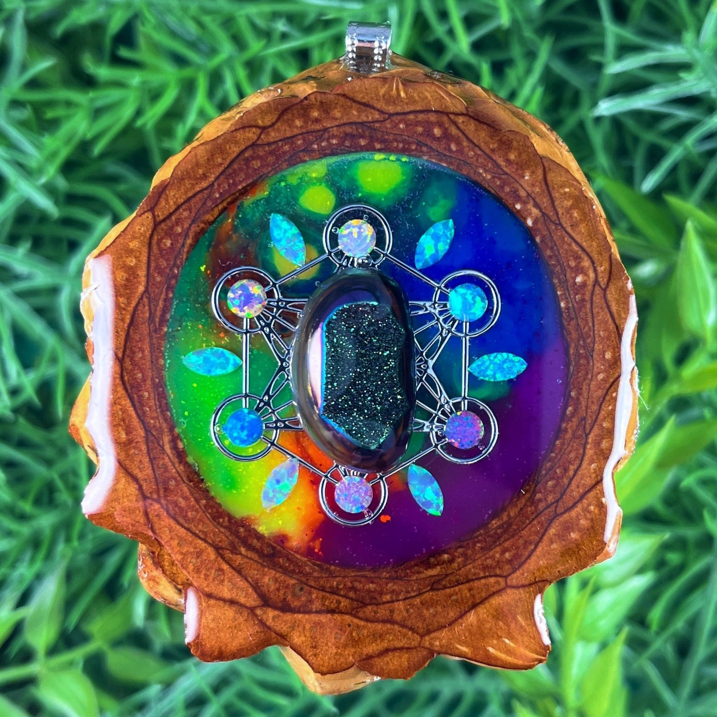 Rainbow with Druzy Quartz & Opal with Metatron's Cube