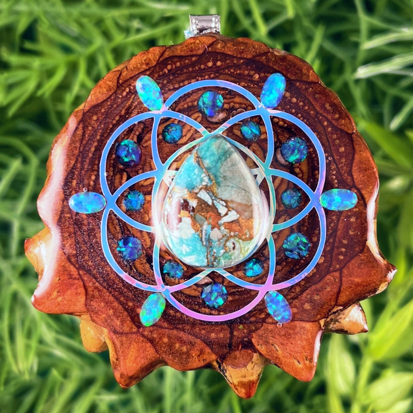 Blue Copper Turquoise & Opal with Crushed Opal & Seed of Life