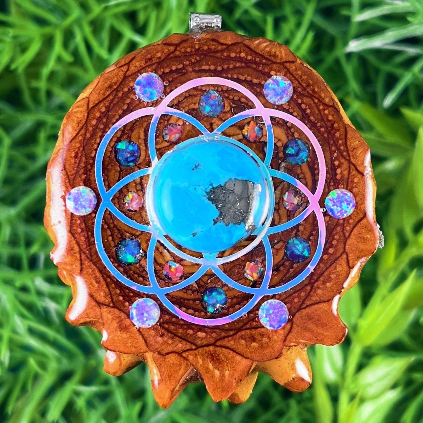 Blue Copper Turquoise & Opal with Crushed Opal & Seed of Life