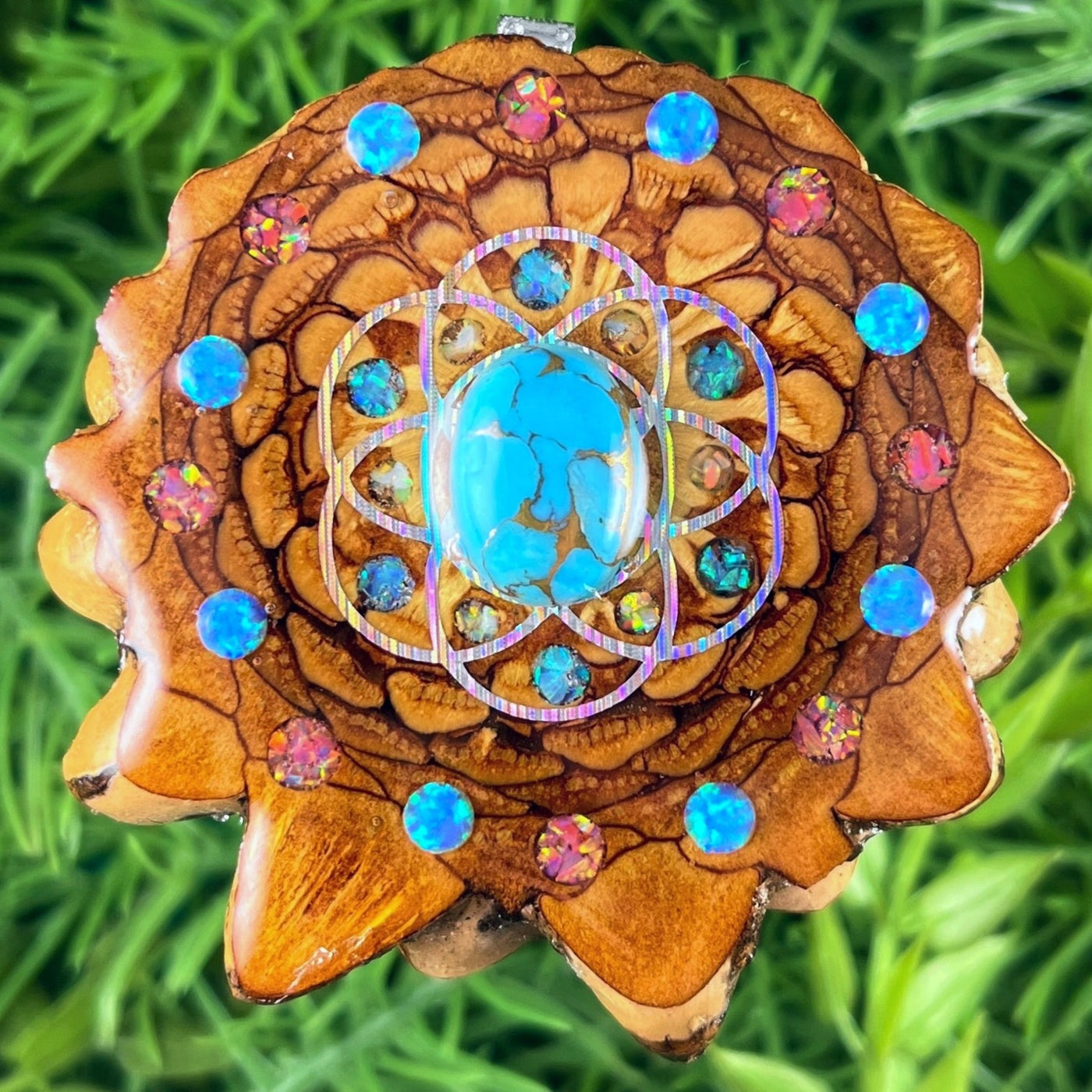 Blue Copper Turquoise & Opal with Crushed Opal & Seed of Life