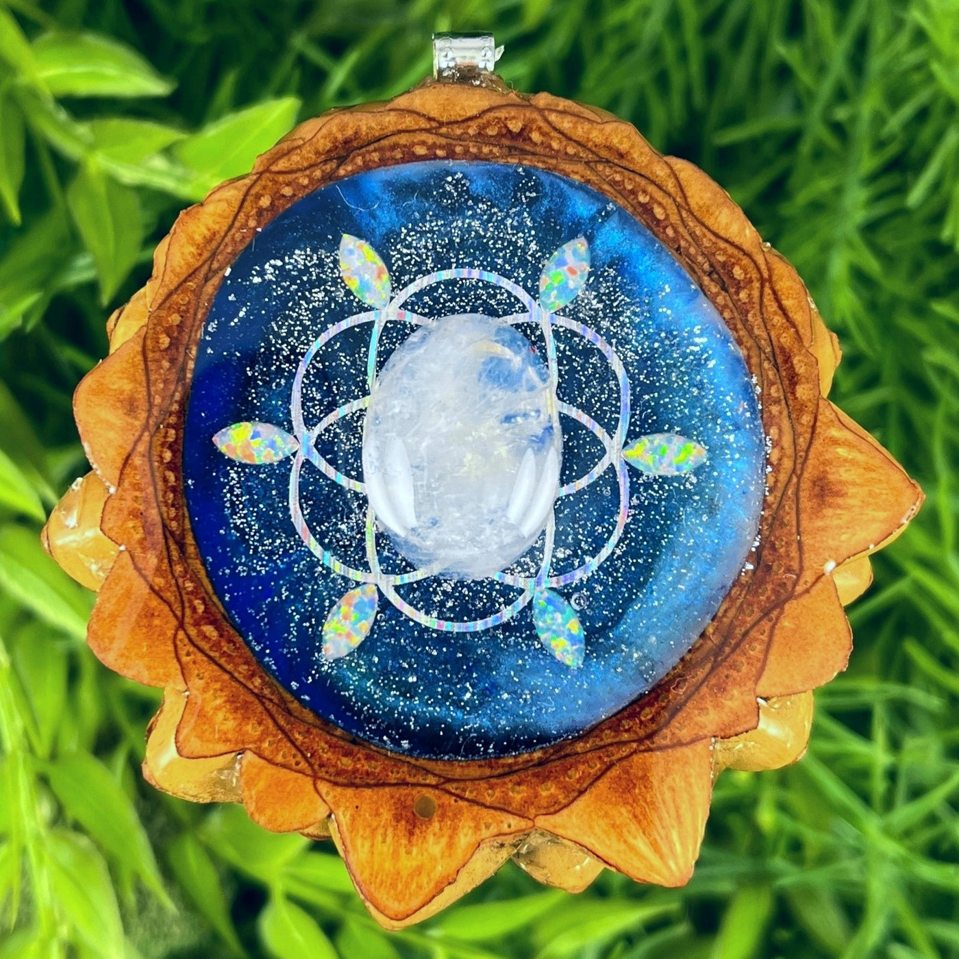 Galaxy with Moonstone & Opal with Seed of Life