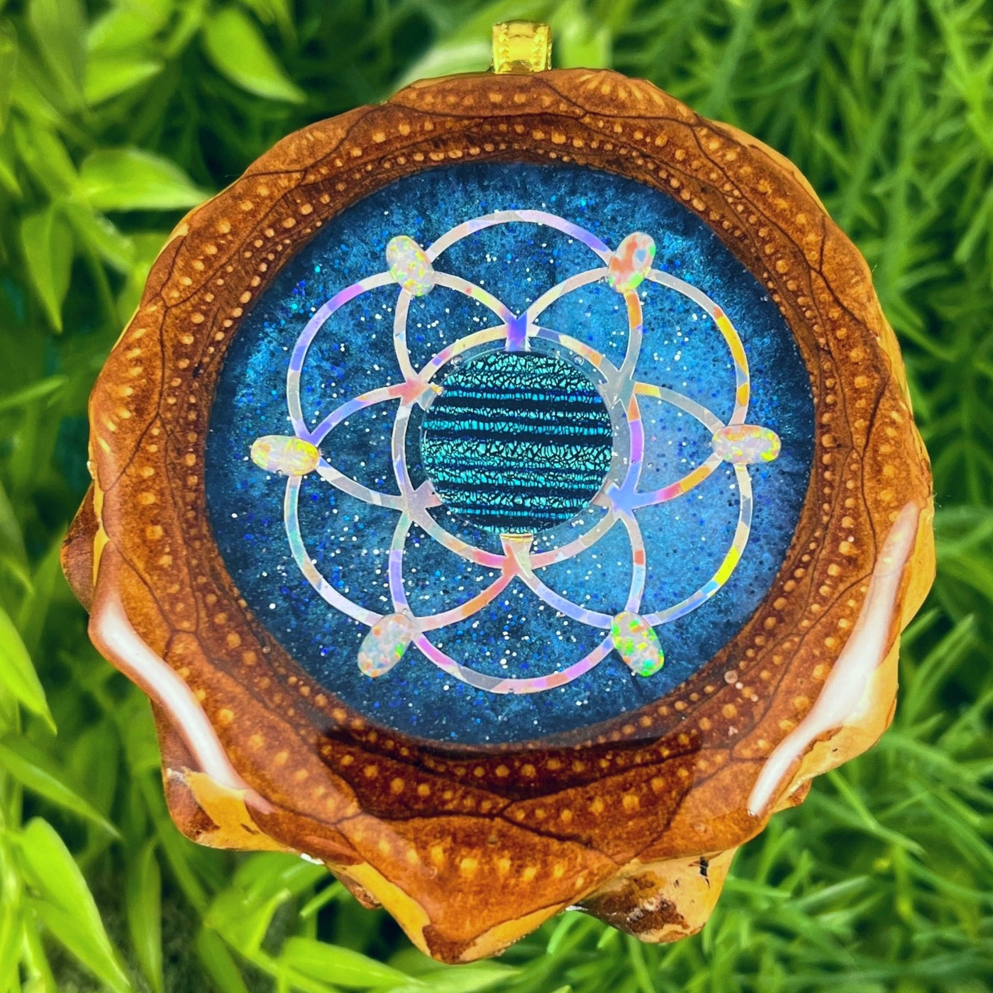 Galaxy with Dichroic Glass & Opal with Seed of Life