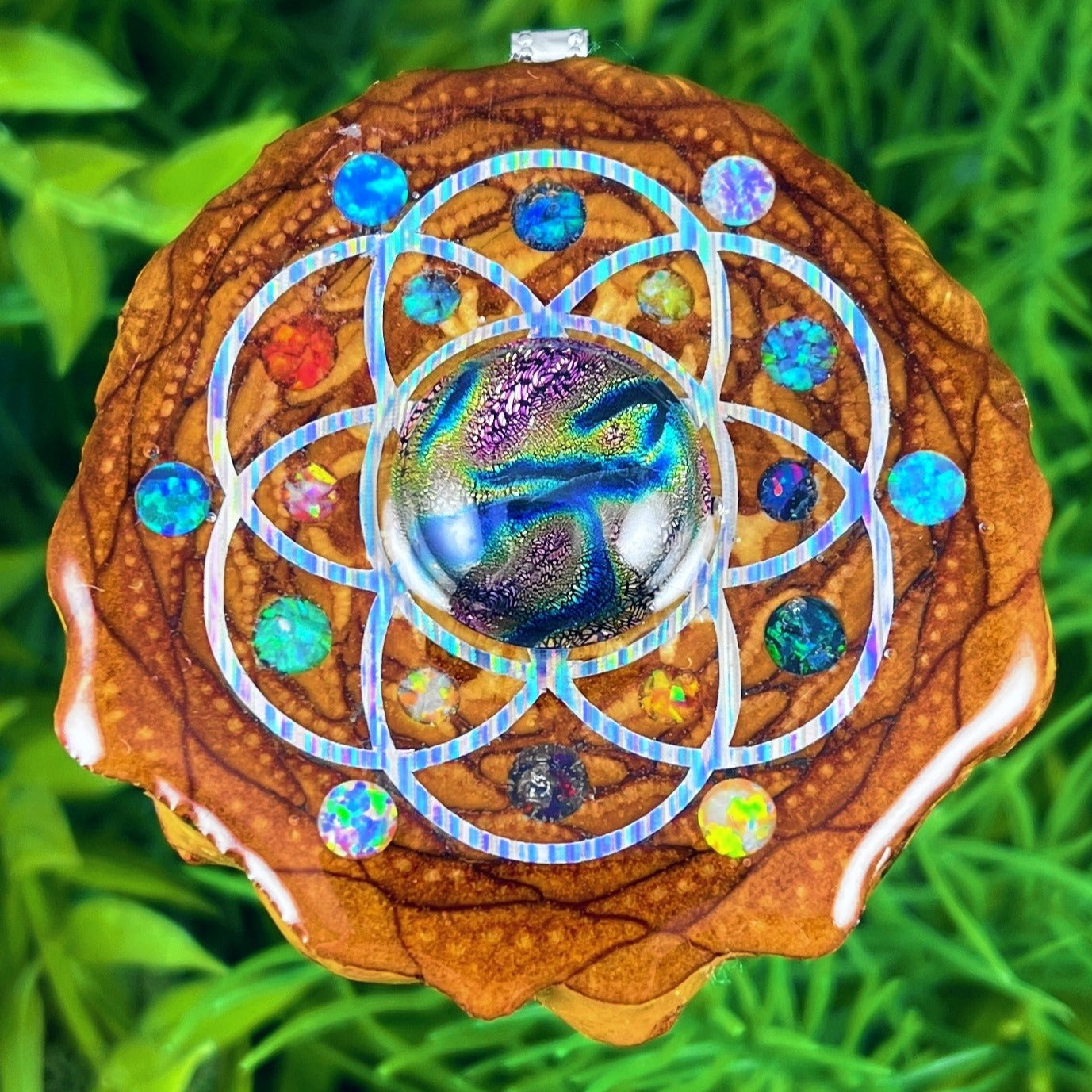 Dichroic Glass and Opal with Crushed Opal & Seed of Life